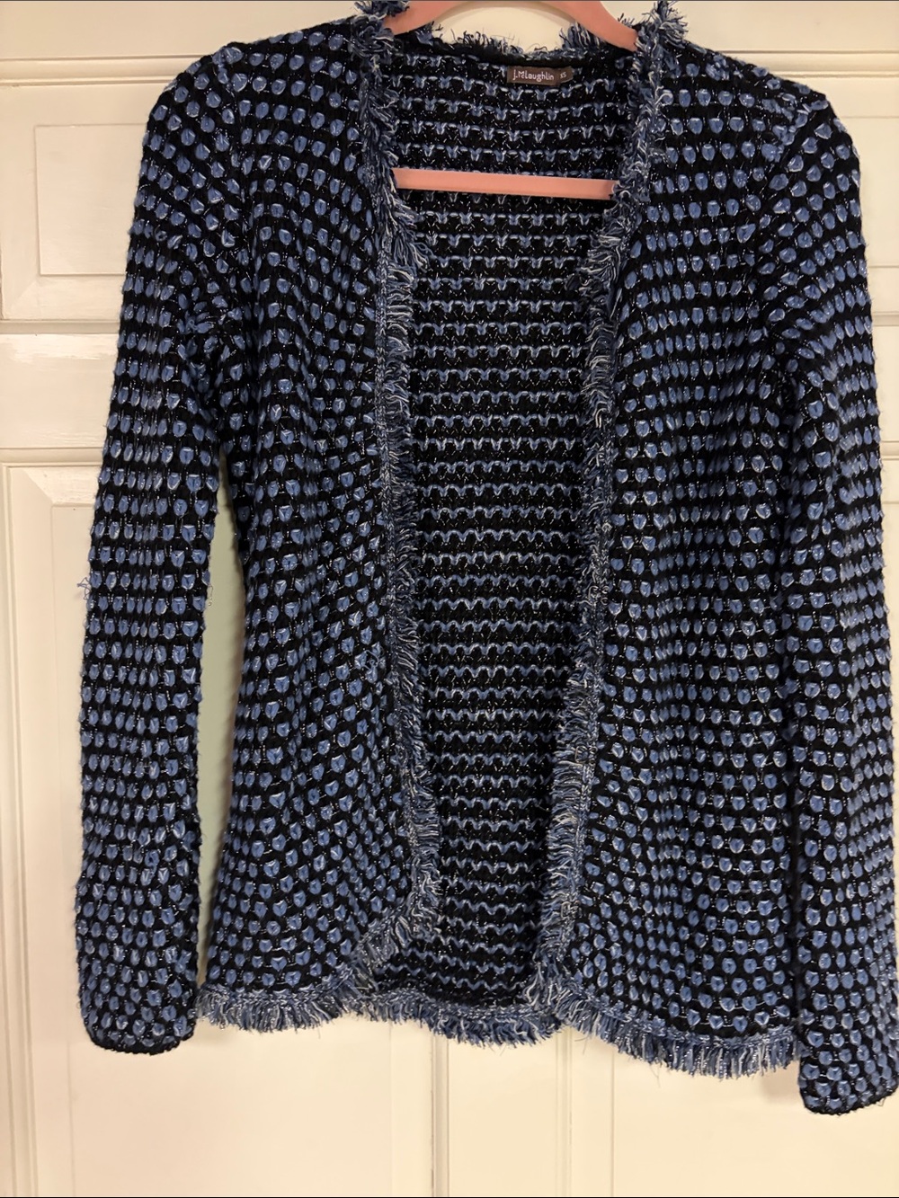 Textured Open-Front Blue Fringe Trim Jacket by J McLaughlin